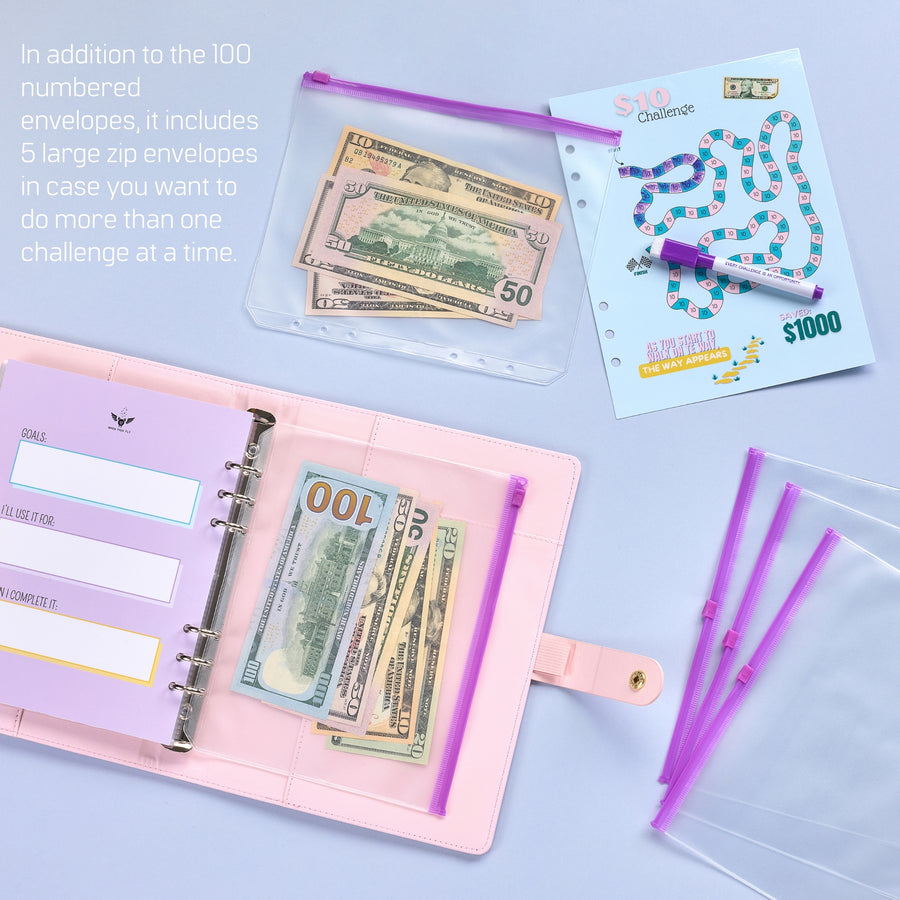 Open binder with dollar bills inside clear envelopes